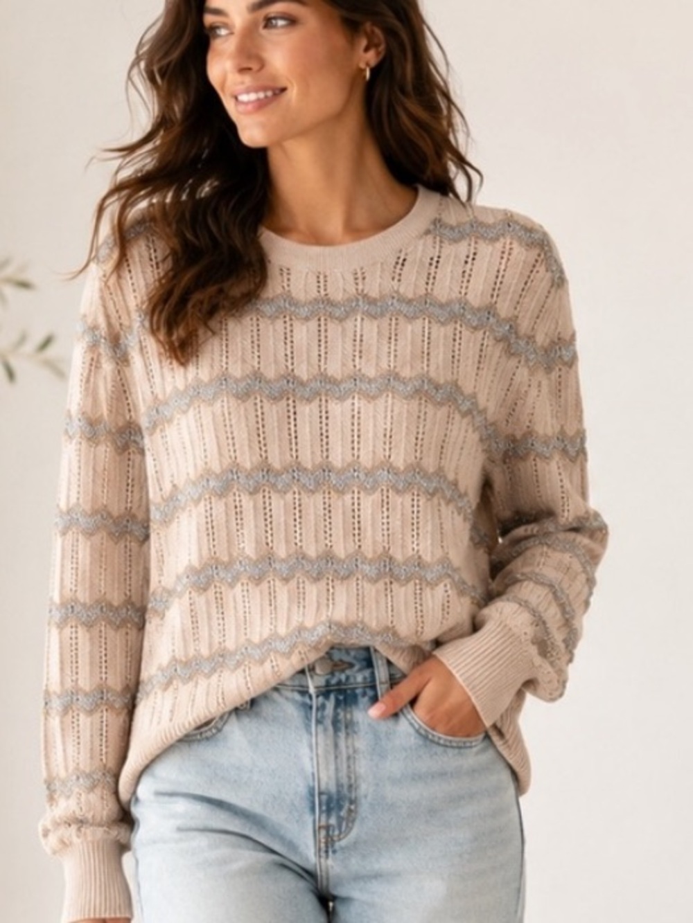 THE GREAT. Zig Zag Metallic Pointelle Sweater Cream Silver NWOT Medium